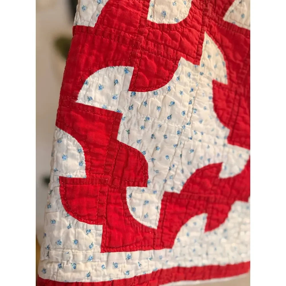 Vintage Handmade Hand Sewn Quilt Red White Blue Floral Cottagecore Farmhouse